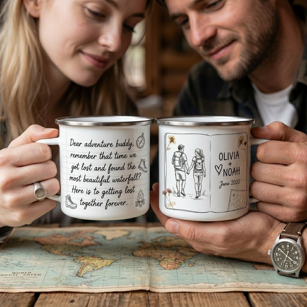 Personalized Adventure Buddy Enamel Mug Custom Couple Hiking Travel Cup Anniversary Wedding Gift For Husband Wife