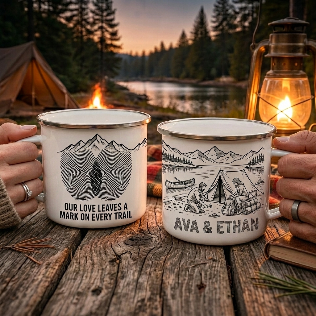 Personalized Couple Enamel Mug Custom Couple Hiking Travel Cup Anniversary Wedding Gift For Husband Wife