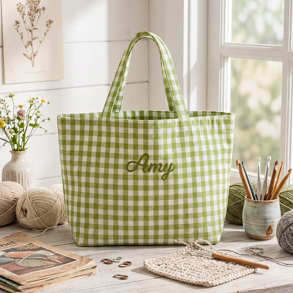 Personalized Crochet Tool Storage Tote Bag Embroidered Gingham Tote Bag Custom Name Canvas Tote Reusable Shopping Bag