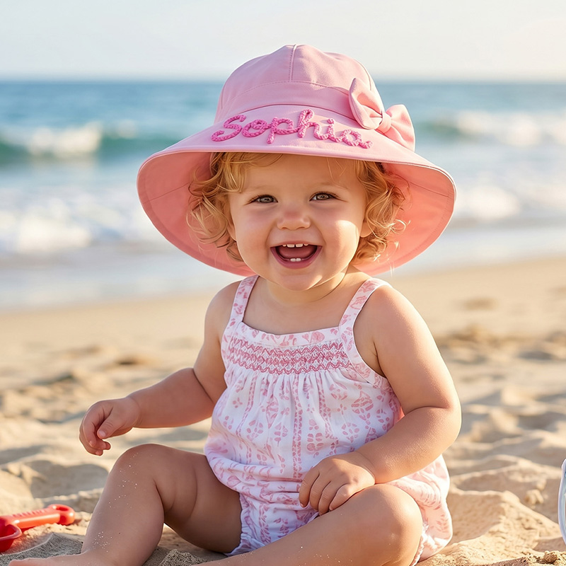Personalized Embroidered Name Pastel Bucket Style Beach Pool Protection Adjustable Wide Brim Kids Sun Hat With Bow