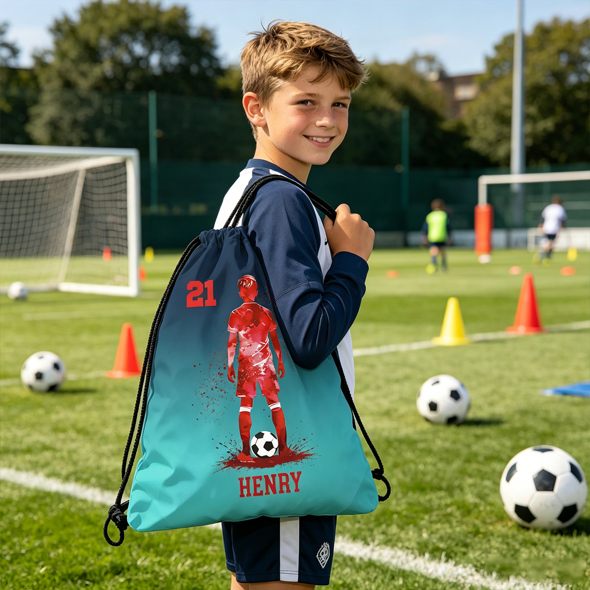 Personalized Soccer Character Silhouette Name Gradient Sports Bag Gift for Kid Teenager Soccer Lover
