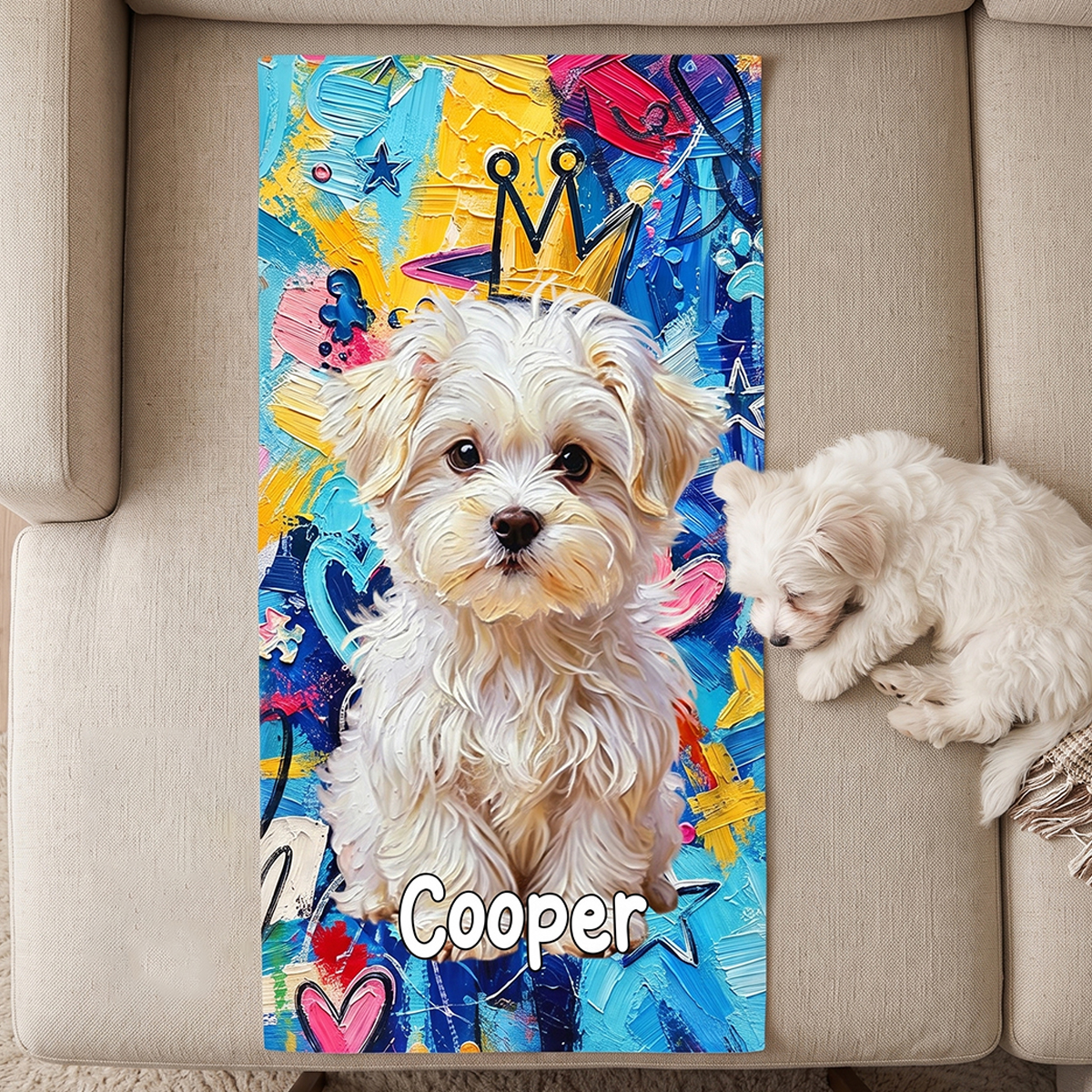 Personalized Oil Painting Pet Photo Beach Towel with Name Birthday Housewarming Gift for Pet Owners