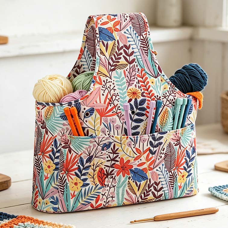 Knitted Wristlet with Drawstring Inner Pocket a Tote Bag Large Capacity Storage Bag for Knitted and Crochet Items with 3 Accessory Pockets