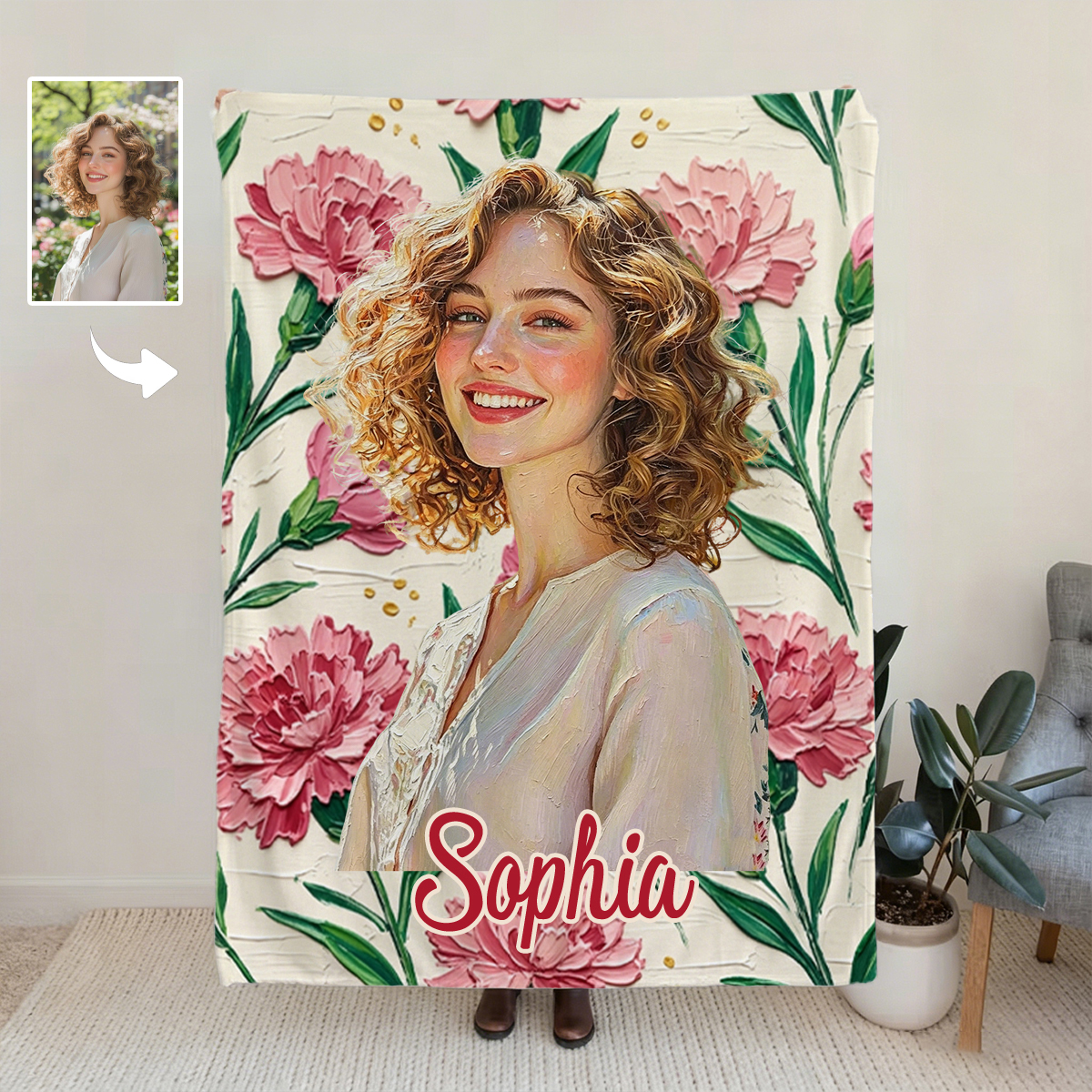 Personalized Birth Flower Flannel Blanket Oil Painting Style Custom Photo and Name Birthday Gift for Her