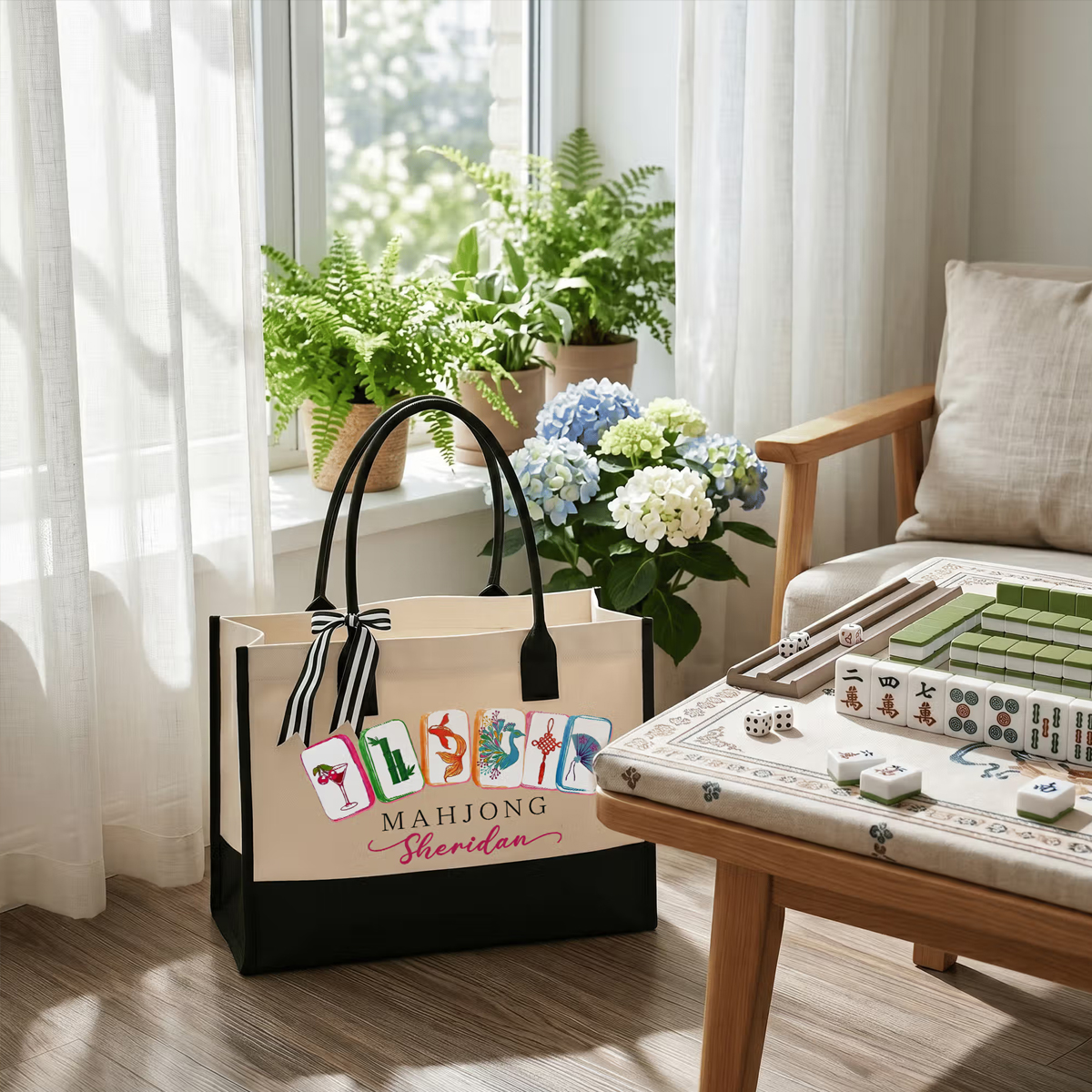 Personalized Mahjong Theme Portable Makeup Bag Large Tote Bag Set with Text Travel Essential Birthday Mahjong Club Gift for Mahjong Lovers