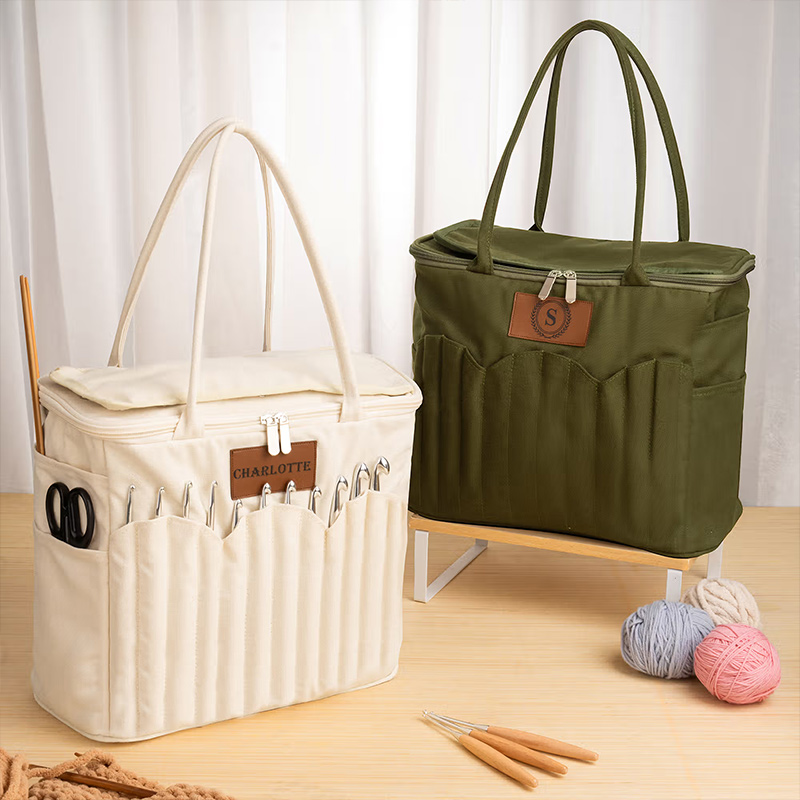 Personalized Monogram Large Canvas Yarn Storage Bag with Needle Pockets and Handle Crochet Knitting Accessories Birthday Gift for Craft Lovers