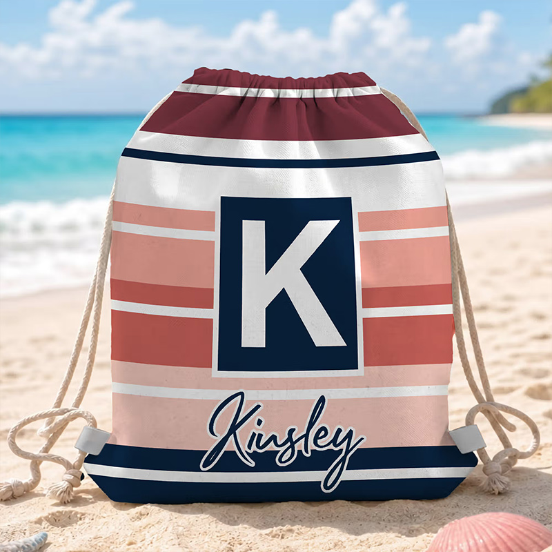 Striped Drawstring Beach Backpack with Name and Initial Beach Party Birthday Gift for Friends Adults