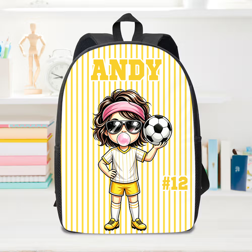 Personalized Stripes Cartoon Soccer Kid Character Backpack with Name Back to School Birthday Gift for Boys Girls