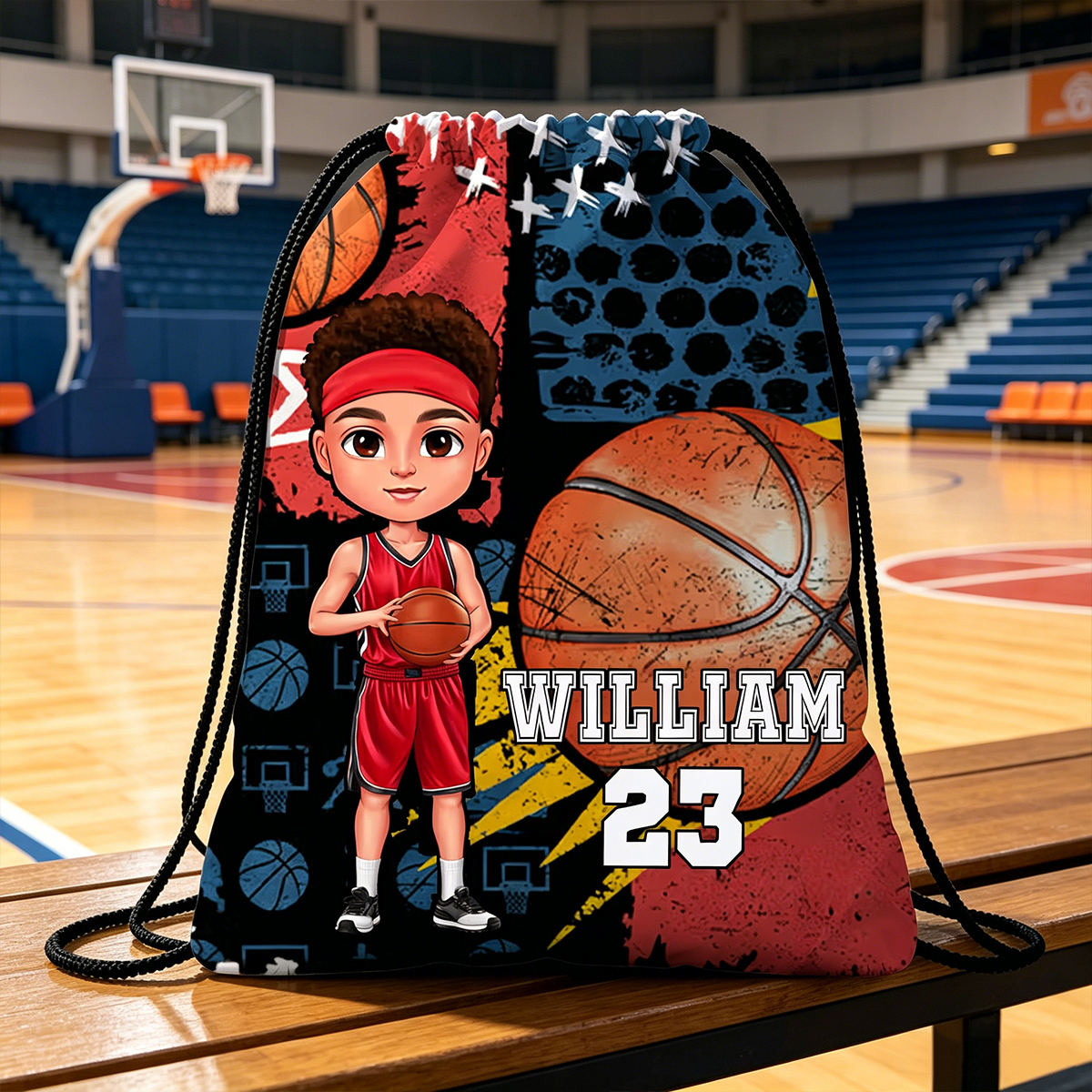 Personalized Cartoon Character Drawstring Storage Bag with Name and Number Back To School Gift for Basketball Lover Friends