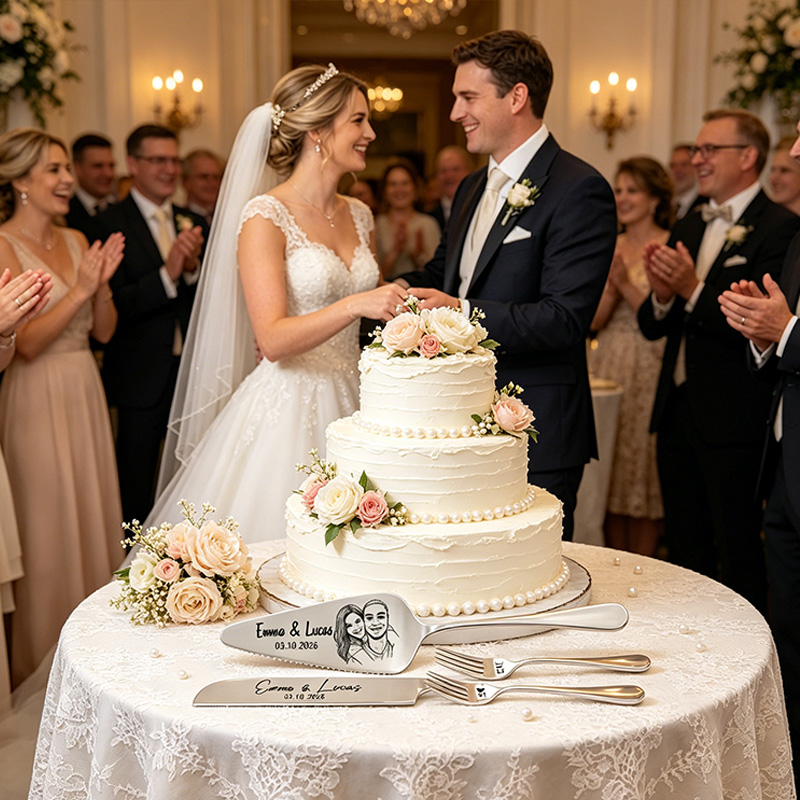 Personalized Wedding Cake Knife and Server Set Engraved Cake Cutting Utensils with Gift Box Couple Photo Face Wedding Cake Cutting Set Gift