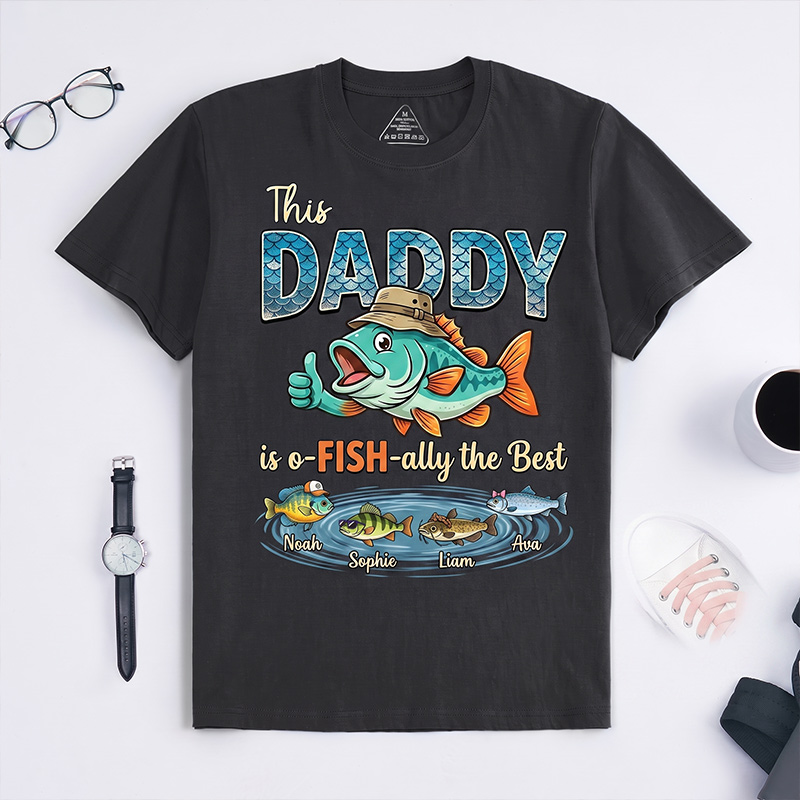 Personalized This Daddy Is o-FISH-ally the Best Shirt Custom Dad T Shirt with 1-8 Kids Names Dad Birthday Gift for Him