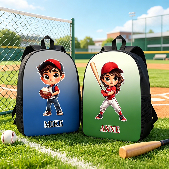 Personalized Cartoon Baseball Character Name Gradient Backpack Back To School Gift for Gym Fitness Baseball Lover