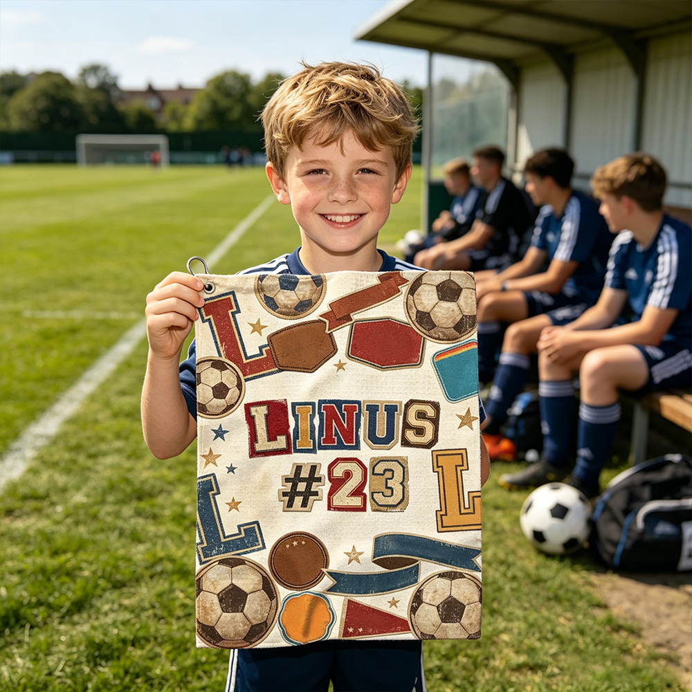 Personalized Vintage Soccer Towel Custom Name Retro Soccer Print Sports Hand Towel with Carabiner Hook Gift for Soccer Player