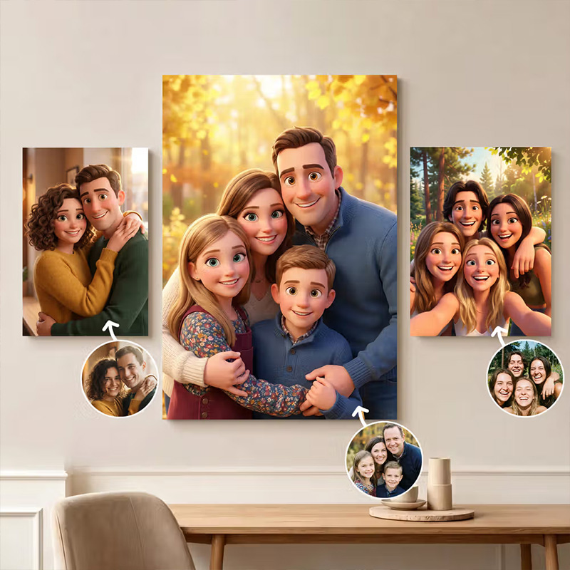 Personalized Modern Cartoon Pixar Style Photo Canvas Prints Home Wall Decor Ship from USA Birthday Anniversary Gift for Family Friends Ship in: 1-2 days