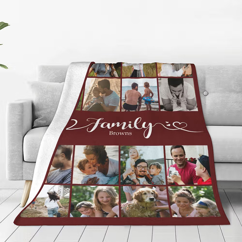 Personalized Multicolor 16 Photos Collage Soft Family Throw Blanket with Name Birthday Christmas Home Decoration Gift for Family