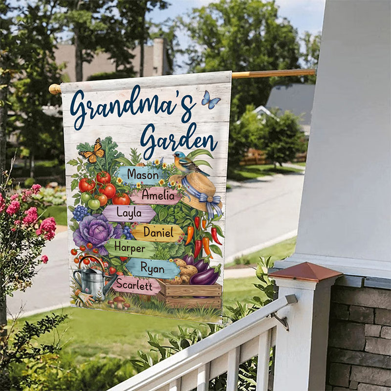 Personalized Butterfly Floral Vegetable Garden Flag with 1-8 Names and Nickname Balcony Outdoor Decor Birthday Anniversary Gift for Family Gardener