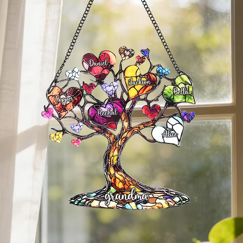 Personalized Glass Art Heart Family Tree Oil Acrylic Ornament with 2-15 Names and Text Home Decor Mother's Day Birthday Gift for Woman Mom Grandma