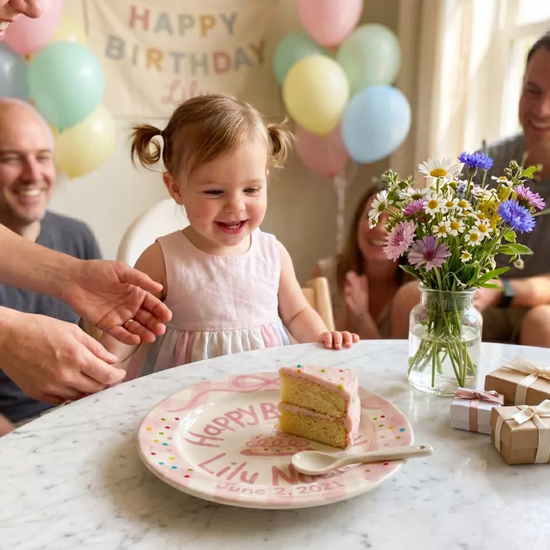Personalized Pink Birthday Cake Bow Confetti Cute Kids Keepsake Nursery Table Display Ceramic Plate Design