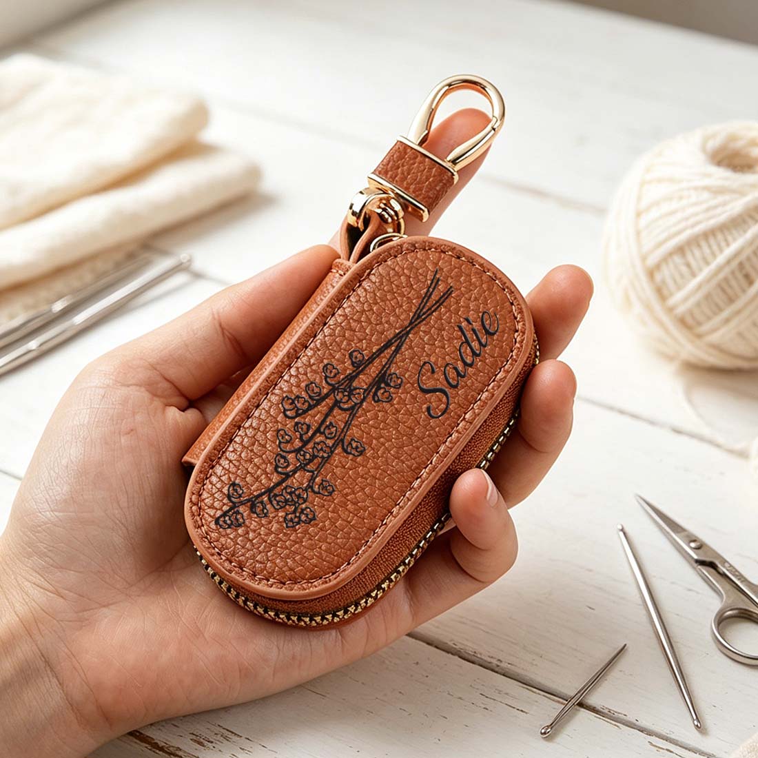 Personalized Knitting Crochet Notions Bag Mini Storage Bag Stitch Markers Point Protectors Tools Custom Name with Birth Flower