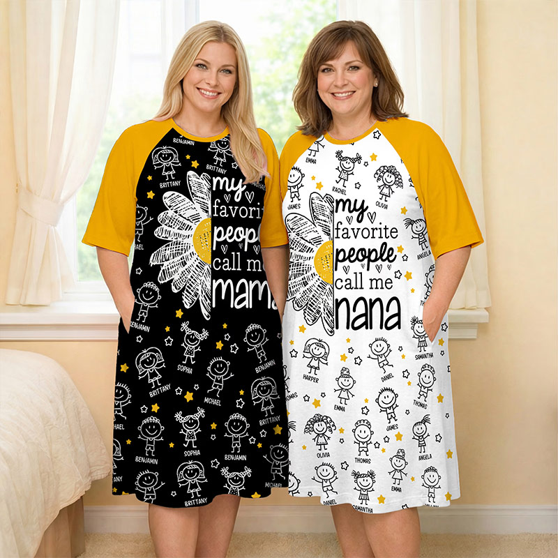 Personalized 1-12 Cartoon Line Art Kids Nightgown with Names and Side Pocket Daily Wear Mother's Day Birthday Gift for Grandma Mom