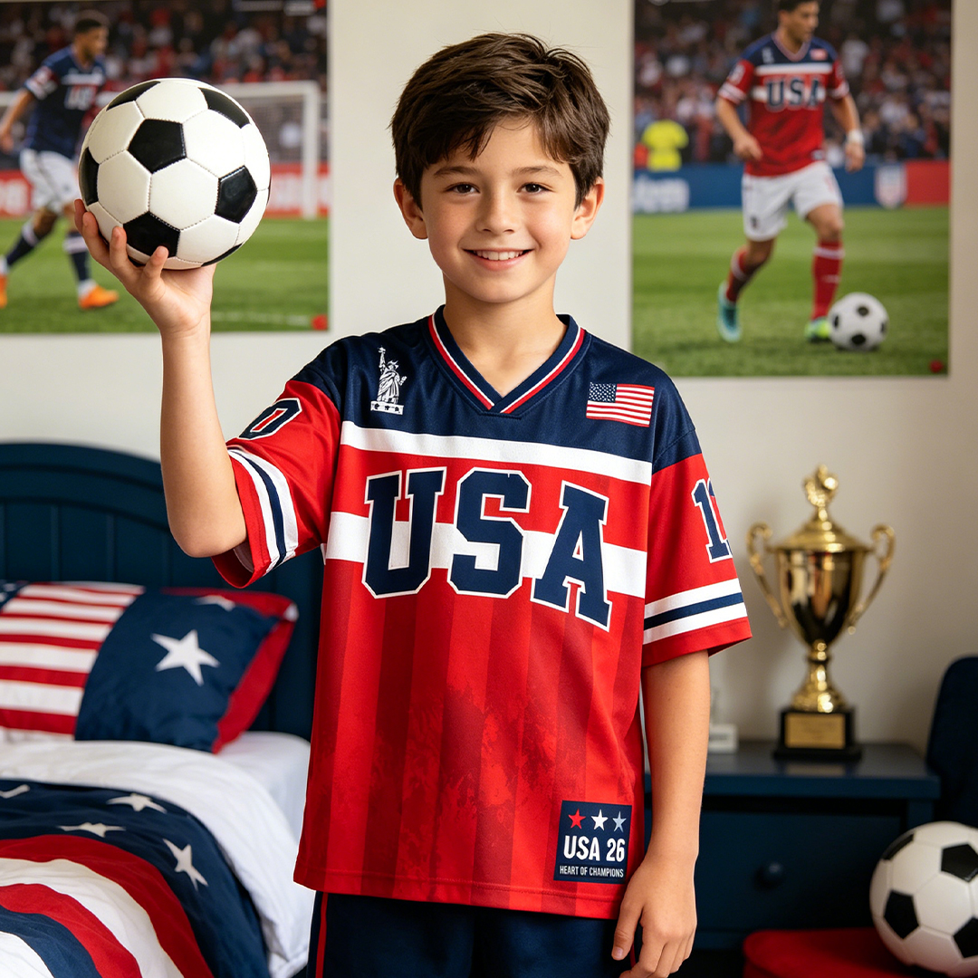 Personalized USA 26 Soccer Kids Mesh Jersey Bold Red White & Blue Heart of Champions for USA Fans