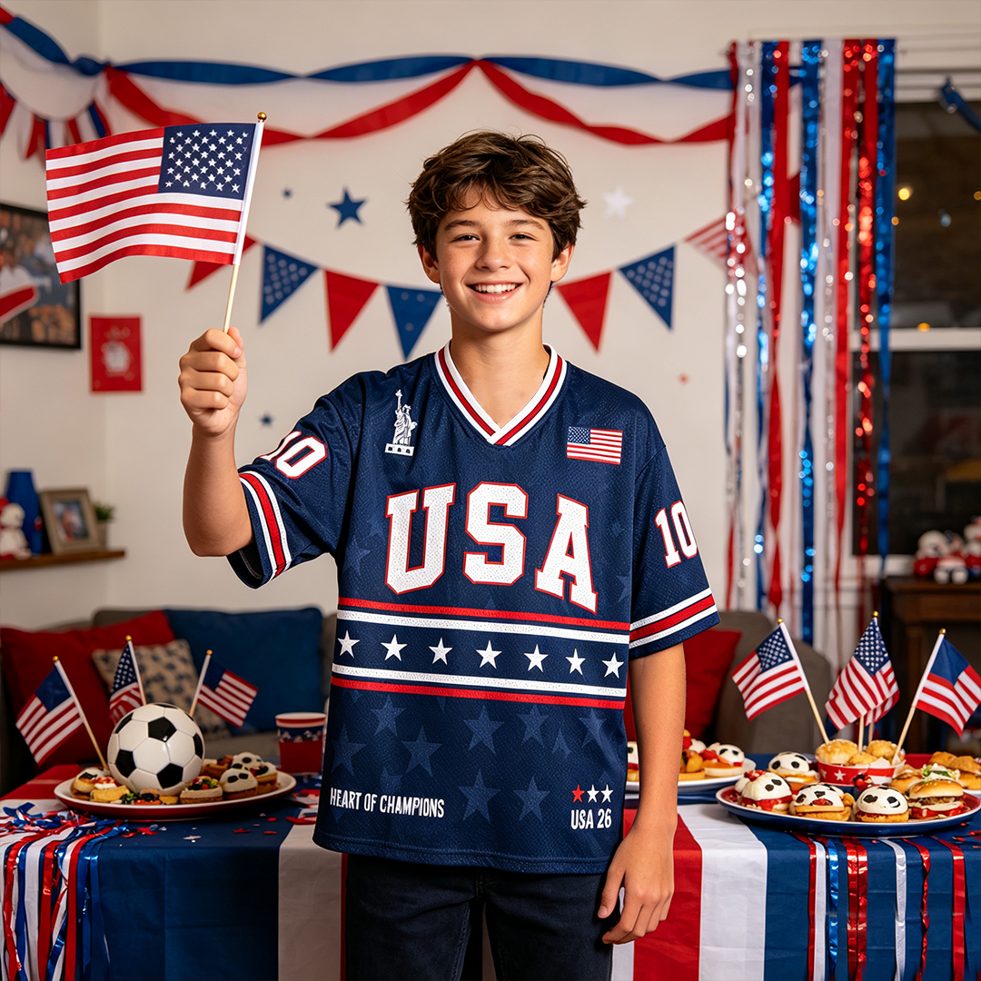 Personalized USA 26 Soccer Kid Mesh Jersey – Heart of Champions Navy Stars Edition