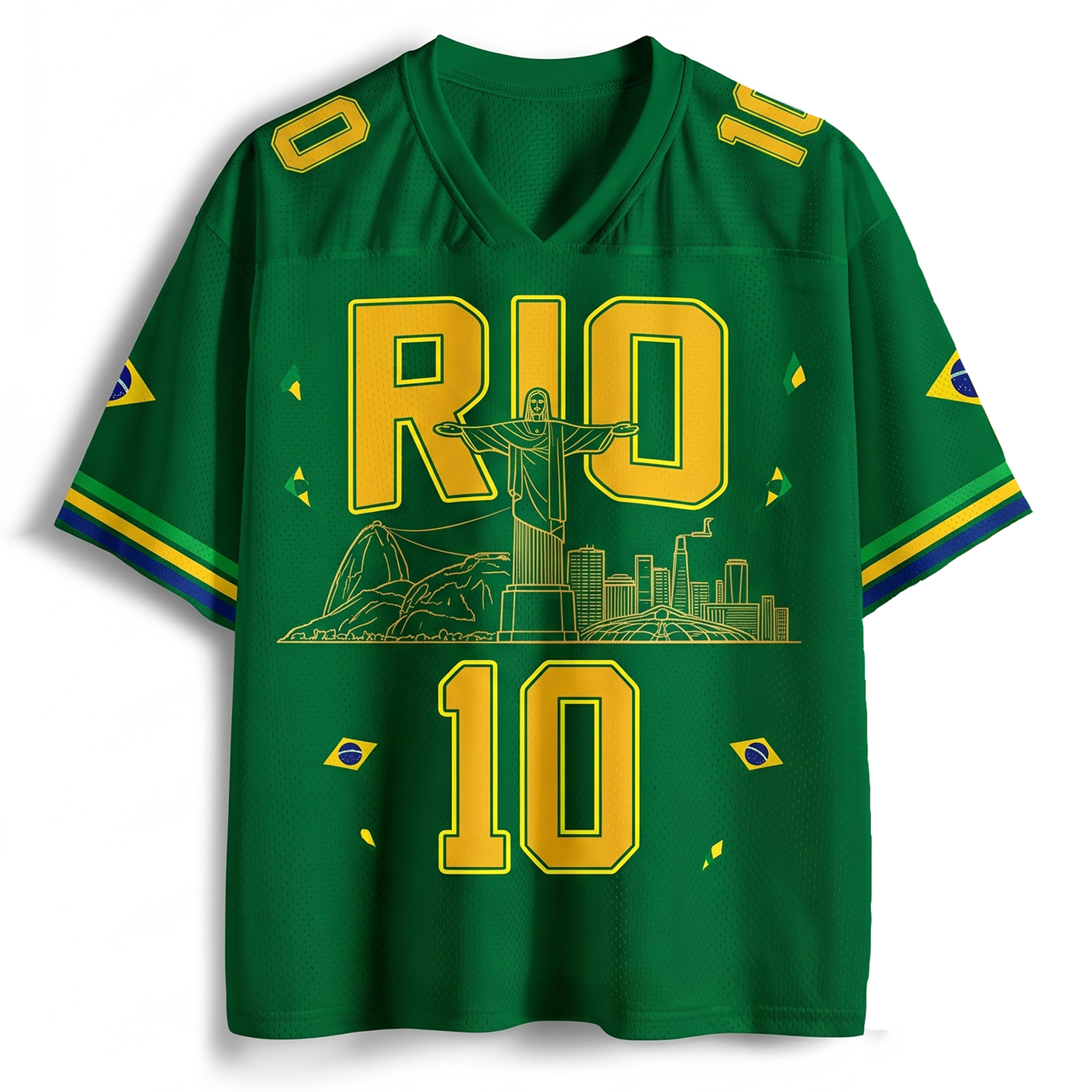 Personalized Rio Brazil Soccer Mesh Jersey  Green Soccer Shirt with City Skyline Christ the Redeemer Graphic and Custom Name