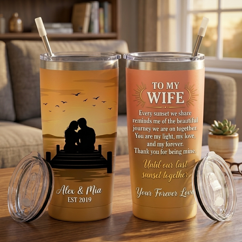 Personalized to Wife Tumbler Customized Couple Silhouettes with Names Sunset Glow Love Tumbler 20OZ Tumbler with Name Gift for Her Couple Matching Tumbler