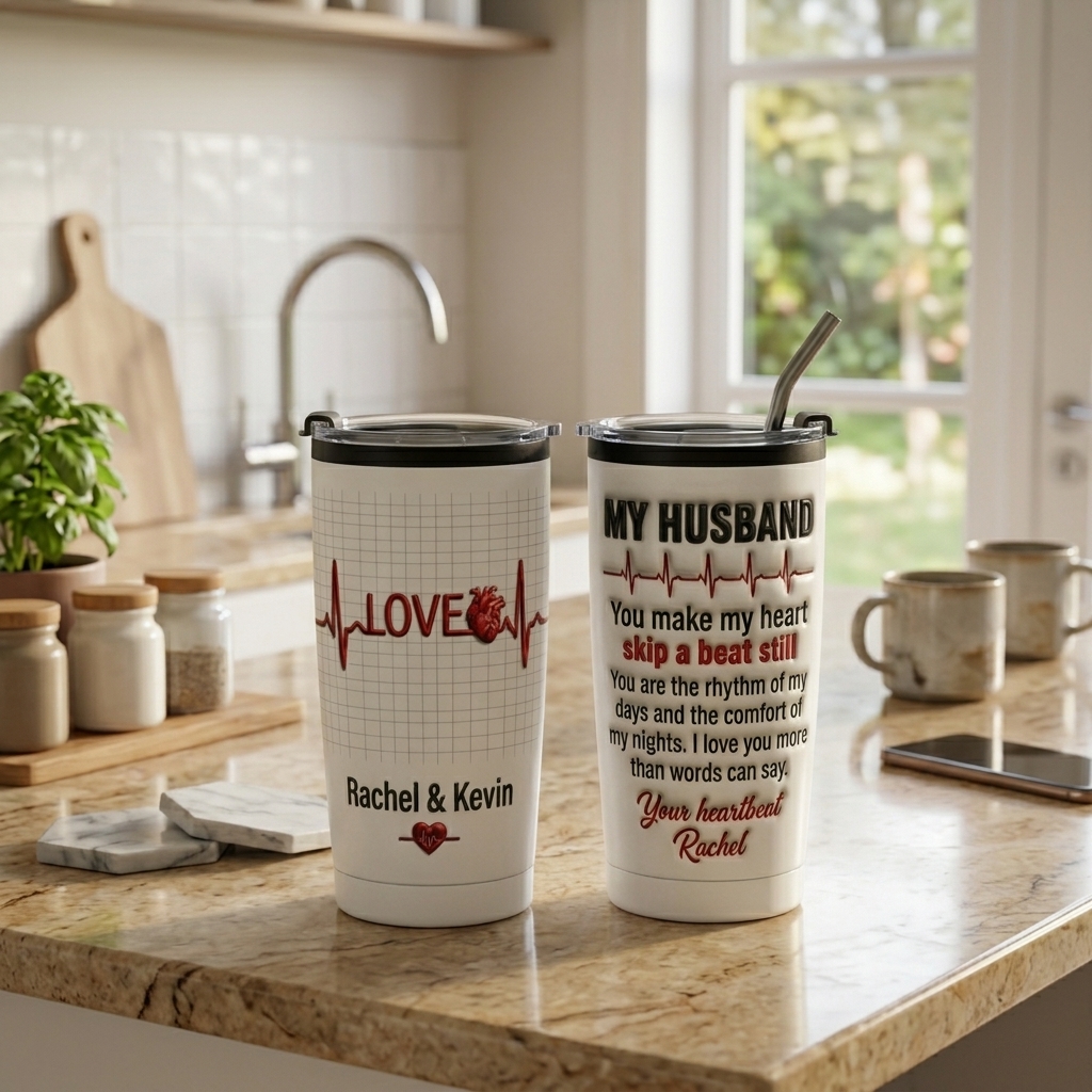 Personalized Love Heartbeat Tumbler for Husband Anniversary Gift for him Couple Name Tumbler 20OZ Stainless Steel Tumbler