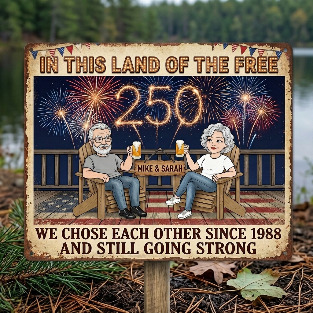 Personalized Cartoon Couple Metal Sign United States Of America 250th Anniversary Couple Backyard Sign Personalized Custom Classic Metal Signs 