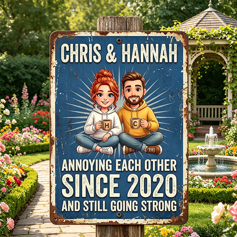 Personalized Cartoon Couple Photo Metal Sign Annoying Each Other for Many Years Couple Backyard Sign with Name Personalized Custom Classic Metal Signs 
