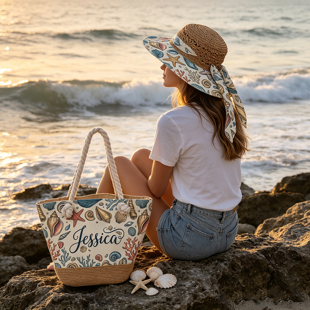 Personalized Seashell Beach Bag and Sun Hat Det Custom Name with Coral Seashell Pattern Gift for Her on Beach Vacation