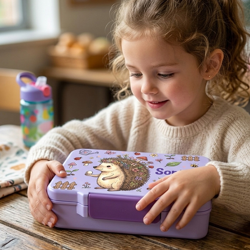 Personalized Hedgehog Name Kids Lunch Box Woodland Themed Cute Girls School Snack Container Design