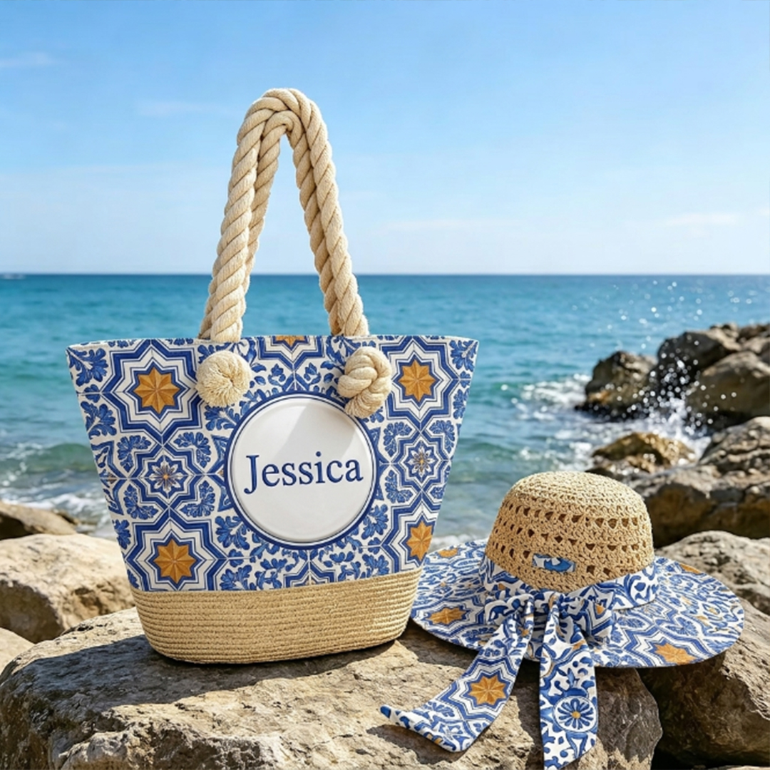 Personalized Name Beach Bag and Sun Hat Set | Blue and Yellow Retro Tile Pattern, Perfect for Beach Vacation Photos