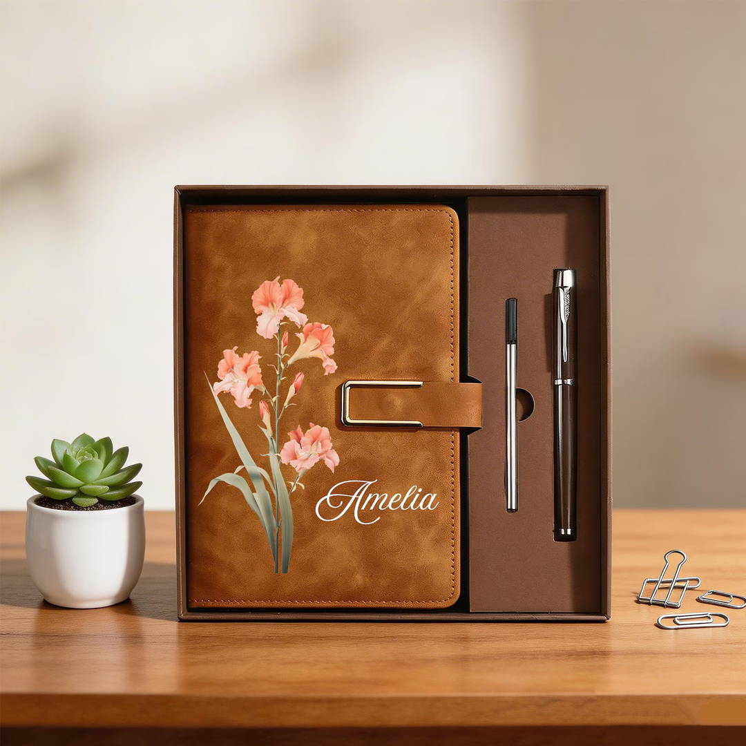 Personalized Birth Flower Notebook & Pen Set Custom Name Leather Journal Gift Birth Month Flower Journal for Women