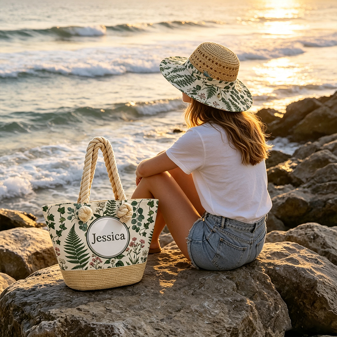 Personalized Name Beach Bag and Sun Hat Set with Fresh Botanical Fern Floral Print for a Beach Vacation
