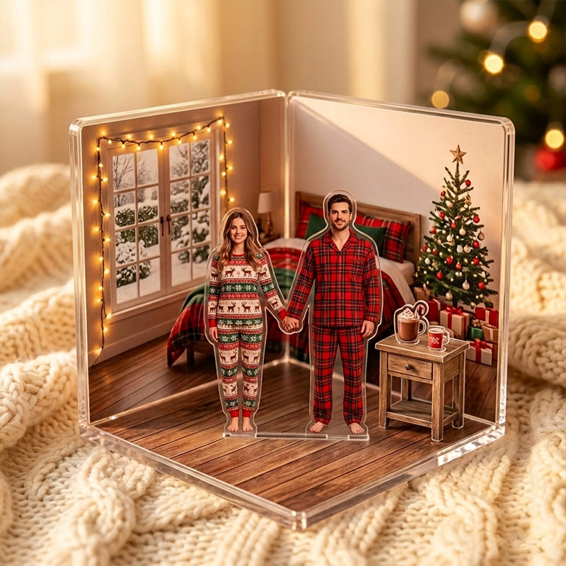 Personalized Acrylic Photo Plaque Couple 3D Christmas Figurine Wedding Gift for Her Romantic Gift Photo to Cartoon Stand Home Decor Our First Christmas Plaque
