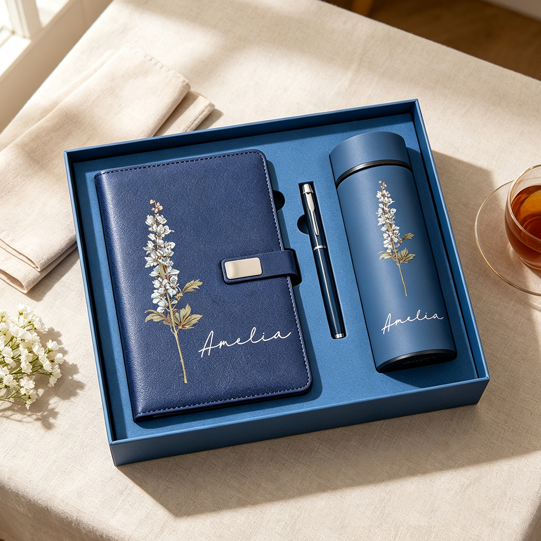 Personalized Birth Flower Notebook Pen and Cup Set Custom Name Birthday Gift for Her
