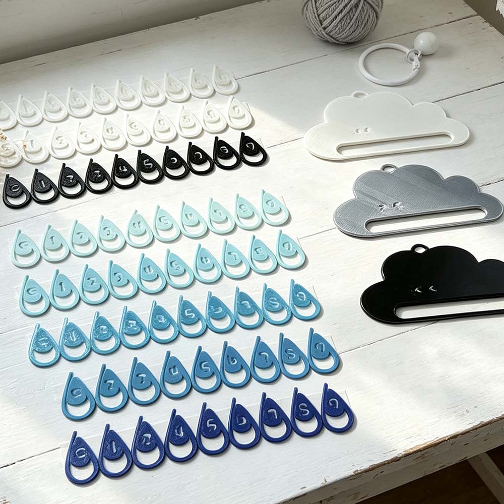3d Printed Number Stitch Marker Holder and Bag Clip Cast-On Counting Number Stitch Markers for Knitters and Crocheters Raindrops Clouds Stitch Markers