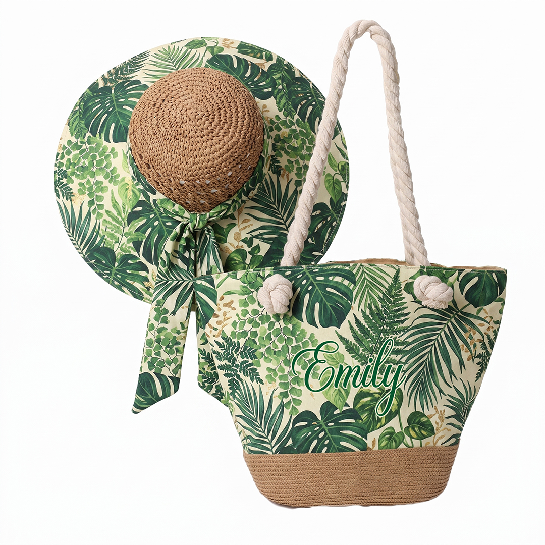 Personalized Tropical Beach Hat and Tote Bag Set Custom Name Sun Hat with Matching Canvas Beach Bag Gift for Vacation