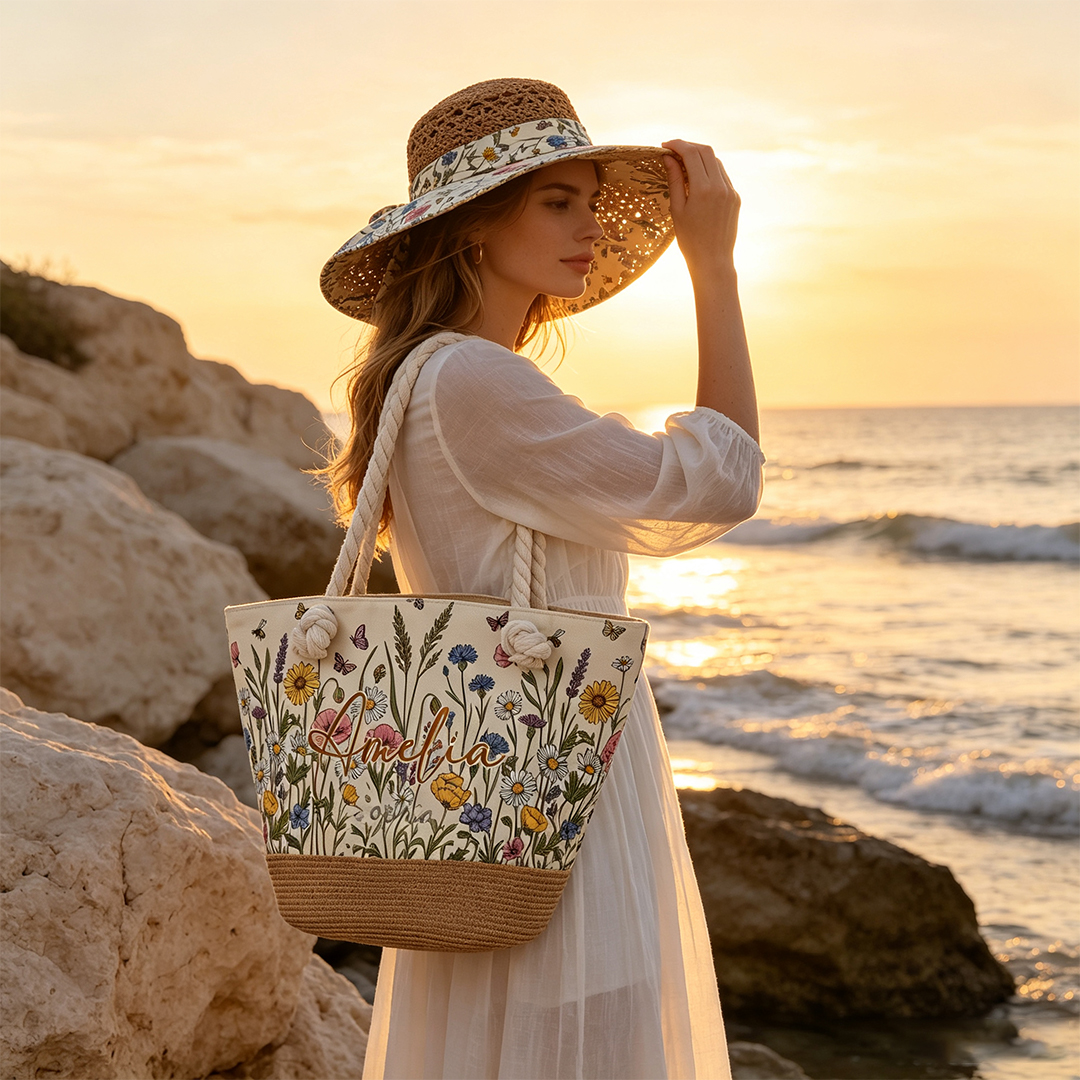 Personalized Wildflower Beach Hat and Tote Bag Set Custom Name Straw Sun Hat with Floral Canvas Bag
