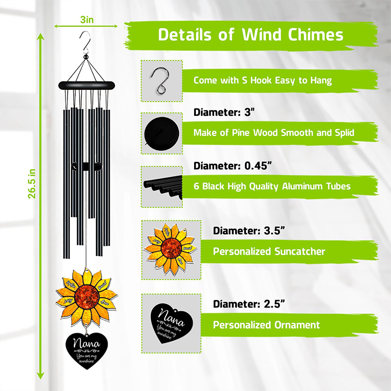Personalized Nana Sunflower Wind Chime Custom Grandkids Names You are My Sunshine Suncatcher Nana Gift Mom Birthday Gift