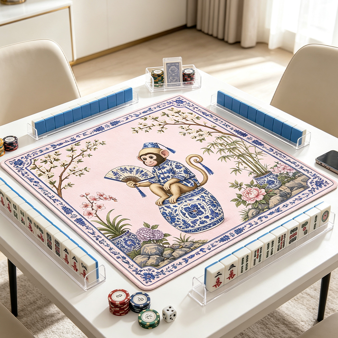 Monkey Mahjong Mat Blue and White Porcelain Print Mat Gift for Mahjong Lovers