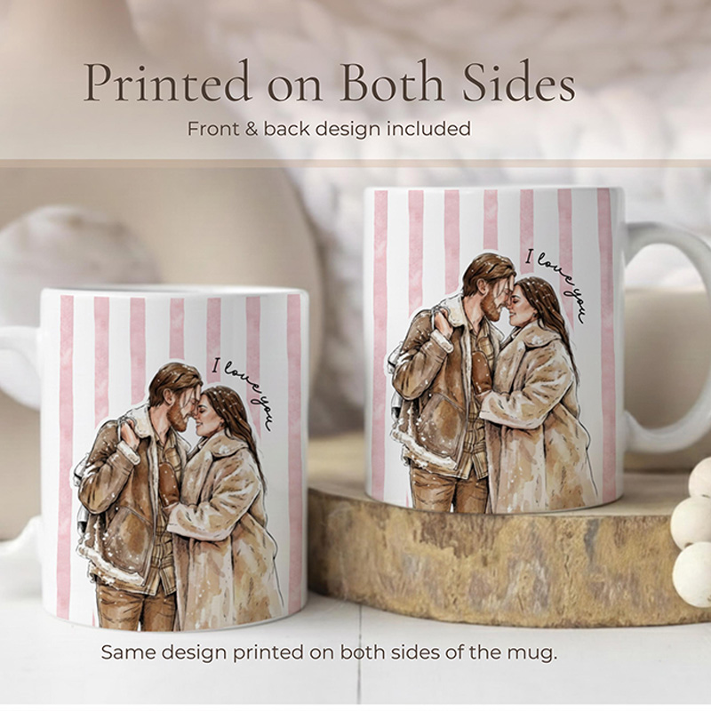 Personalized Watercolor Couple Photo Mug Stripe Custom Picture Coffee Cup Gift For Husband Wife Anniversary Valentine’s Day Gift for Her