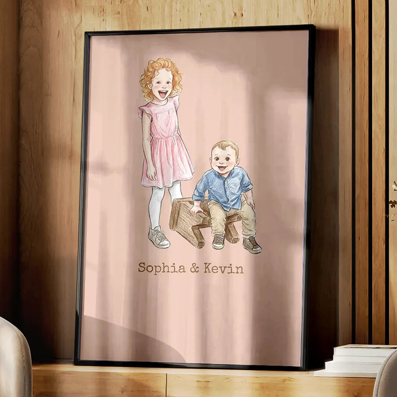 Personalized Photo Colored Pencil Sketch Happy Family Dad Mom Kid Pet Custom Poster for Family Mom Dad Birthday Gift
