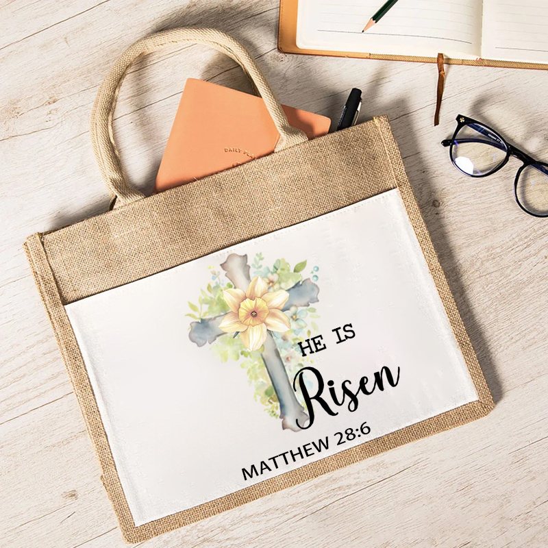 Personalized He Is Risen Bible Verse Cross Birth Flower Large Reusable Tote Bag with Text Easter Church Religious Gift for Women Christian