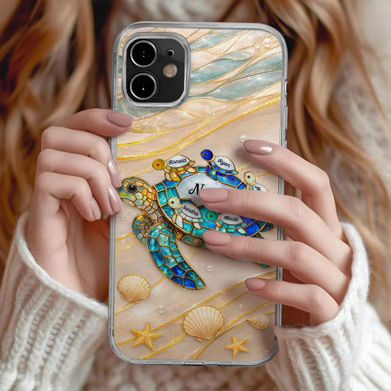 Personalized Turtle Stained Glass Mom Grandma Photo Case Custom Clear Phone Case with Kids Names Gift for Mom Grandma