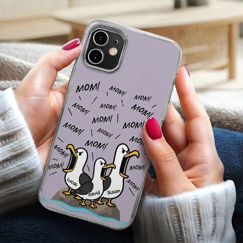 Personalized Funny Screaming Seagull Phone Case for Dad Custom Clear Phone Case with 1-10 Kids Names for Dad Birthday Gift 