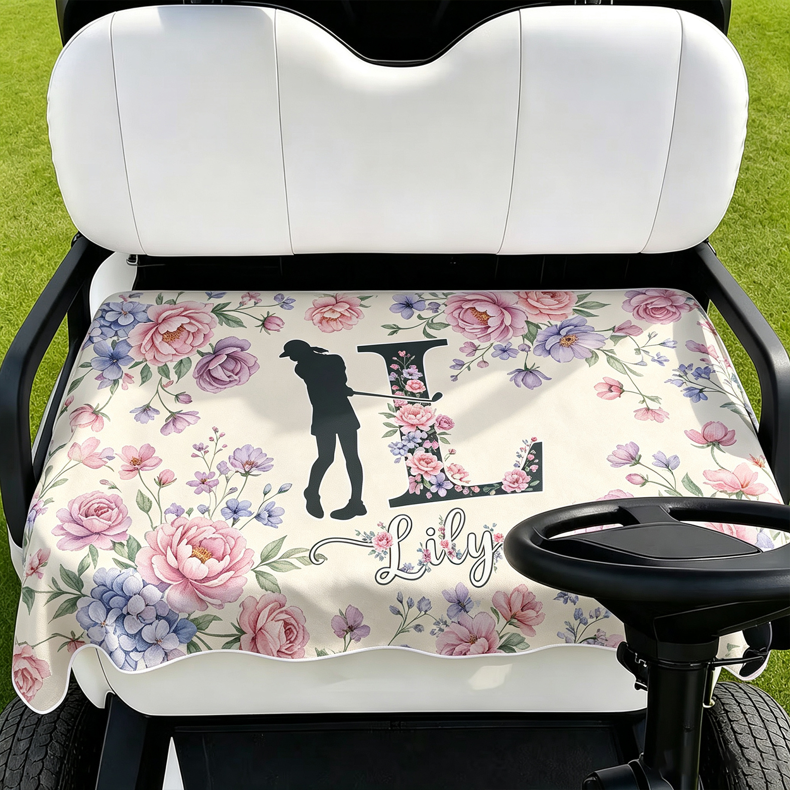 Personalized Floral Golf Cart Seat Cover Flower Letter with Custom Name Gift for Golf Lovers