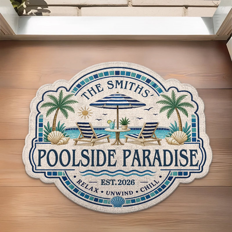 Personalized Poolside Shaped Doormat Cuatom Family Summer Vacation And Travel Gifts For Mom Dad Brother Sister Welcome To Paradise